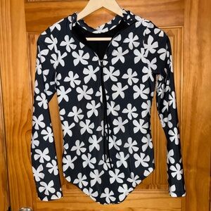 Of One Sea Black and White Floral Zip-Up Swimsuit